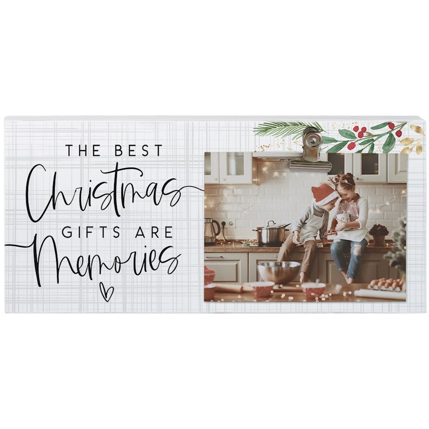 Christmas decor, holiday memories, inspirational message, photo display, festive colors, cedar wood, holly and berries, metal clip, family gift, made in the USA