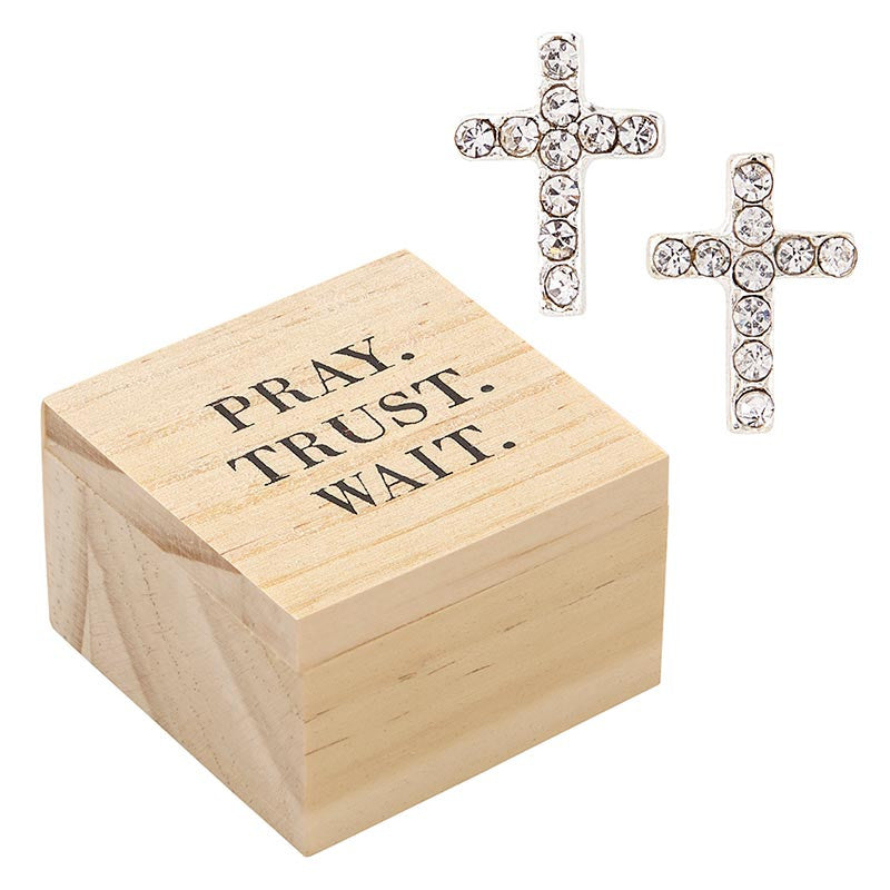 Boxed Pray. Trust. Wait. Cross Earrings