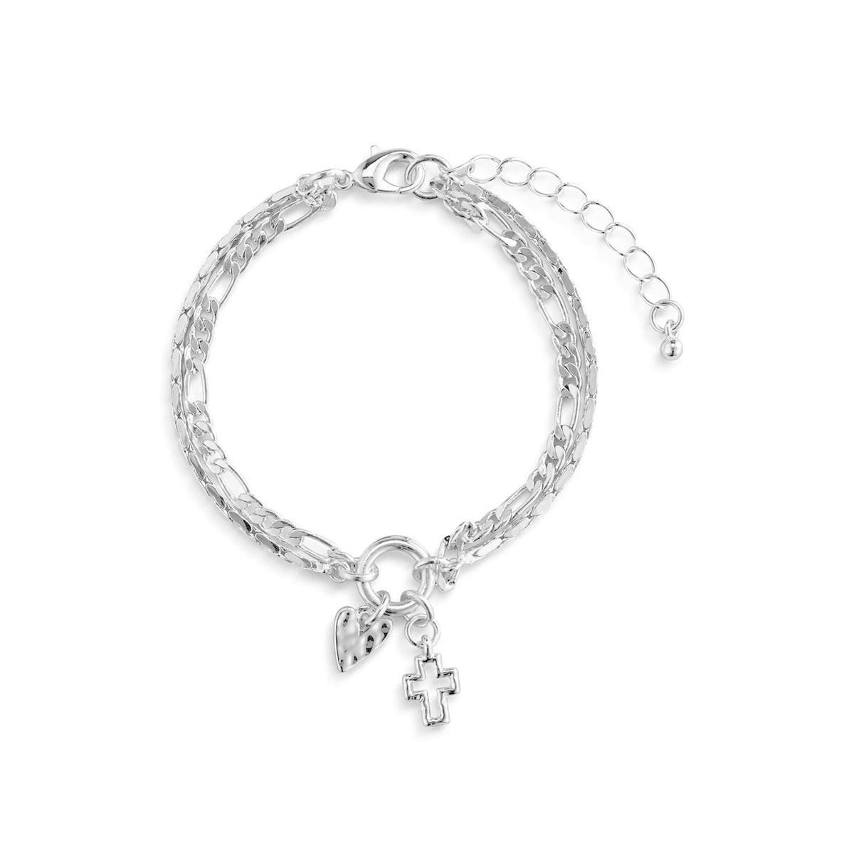 Heart + Cross Silver Charm Layered Bracelet
