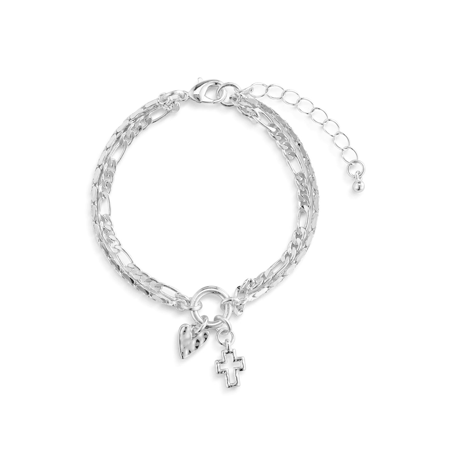 Heart + Cross Silver Charm Layered Bracelet