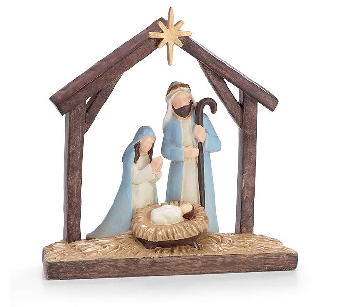 Nativity scene figurine with stable, Mary, Joseph, and baby Jesus on a white background