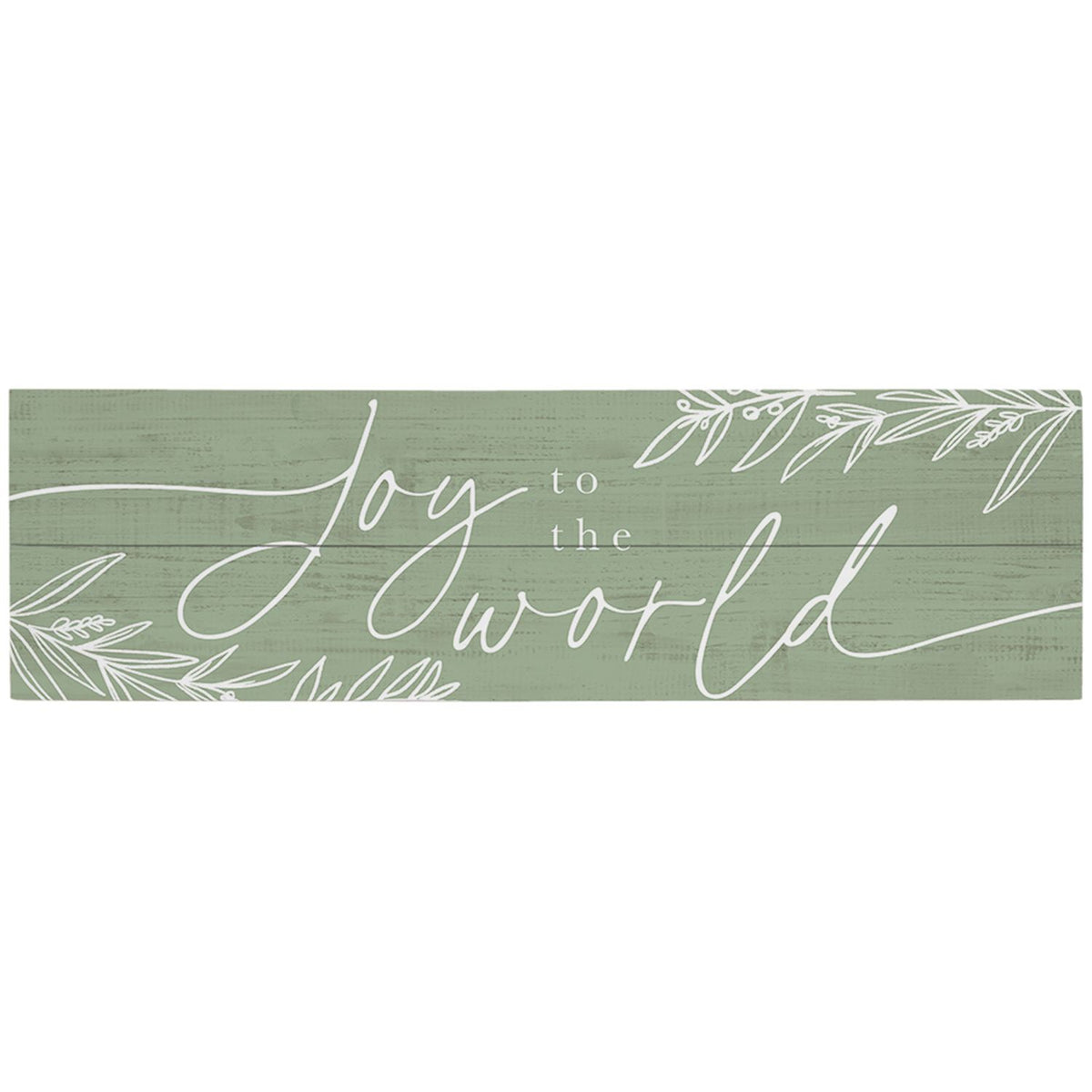 Decorative sign with 'Joy to the World' text on a green background