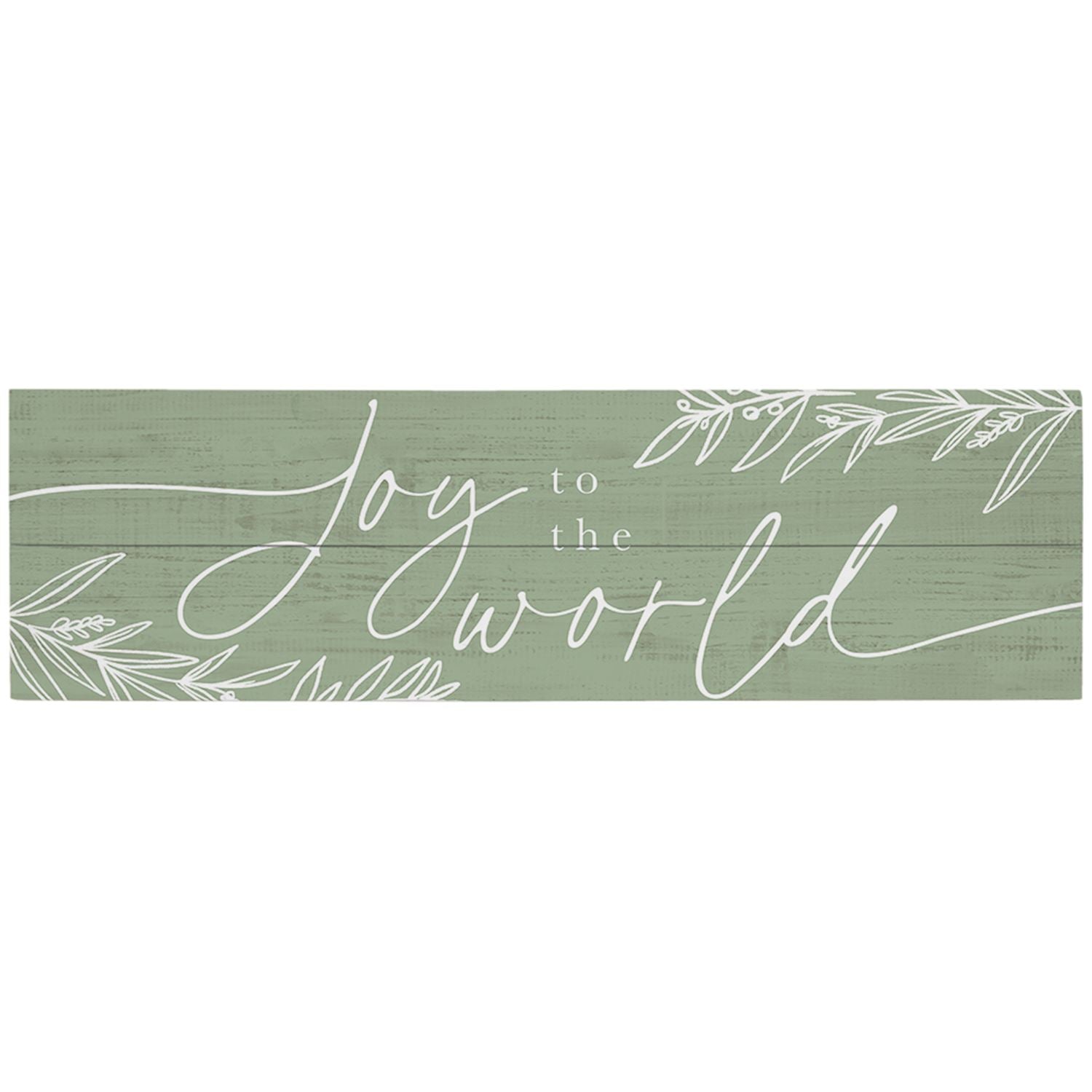 Decorative sign with 'Joy to the World' text on a green background