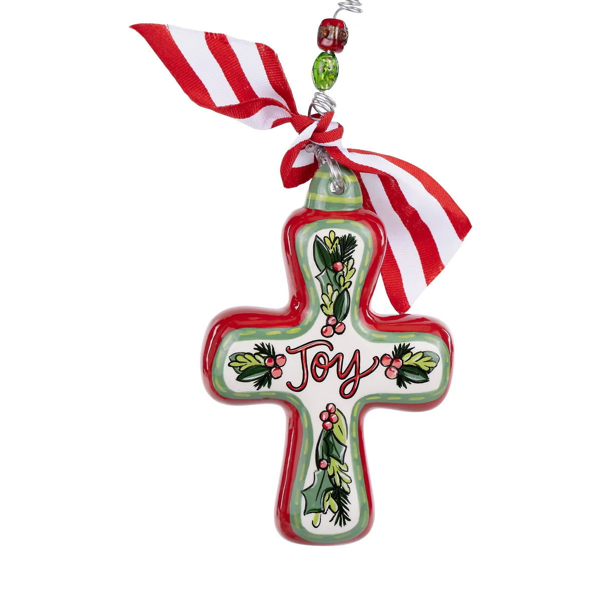 Joy Holly Jolly Ceramic Cross Ornament