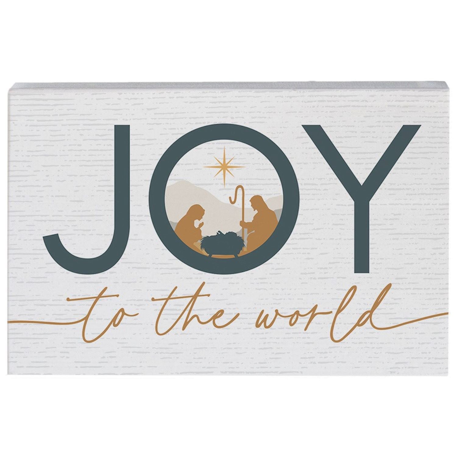 Decorative sign with 'JOY to the world' text and nativity scene illustration on a white background.