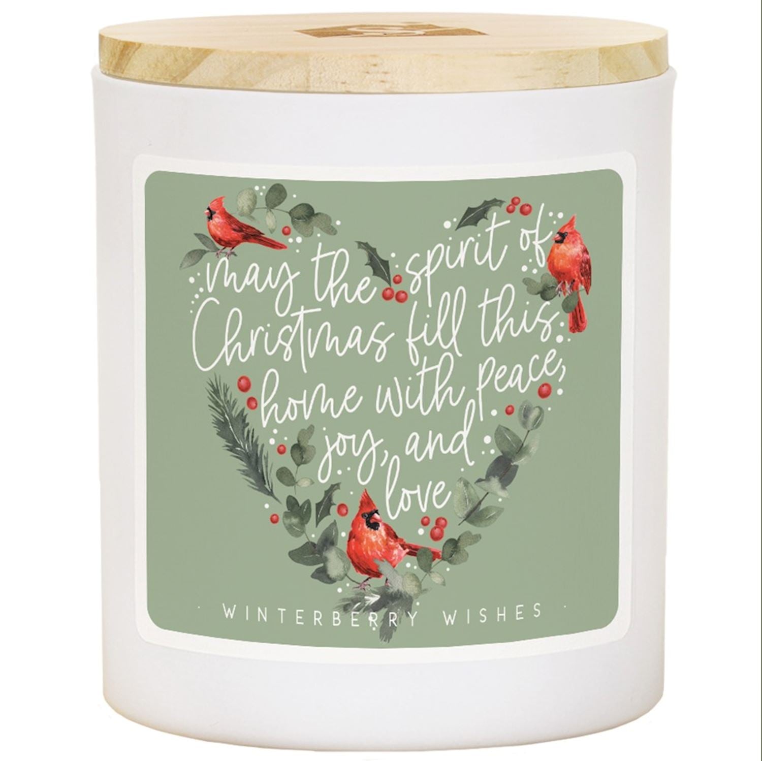 Candle with a wooden lid and Christmas-themed label featuring cardinals and text - may the spirit of Christmas fill this home with peace, joy, and love