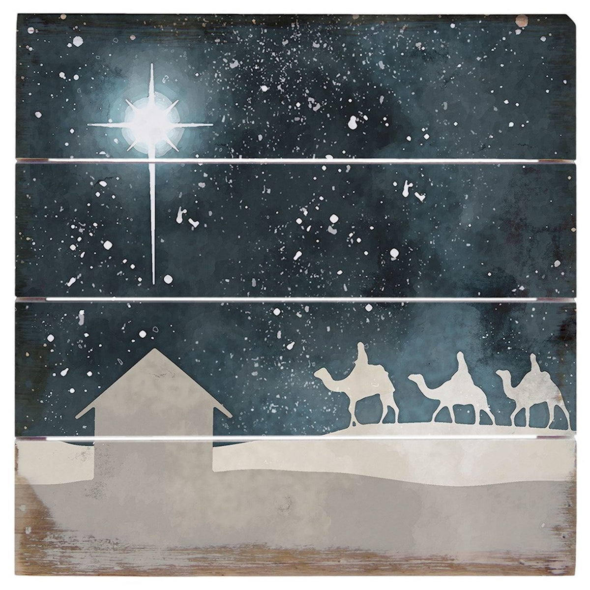 Wooden wall art with a nativity scene and star of Bethlehem on a dark blue background.