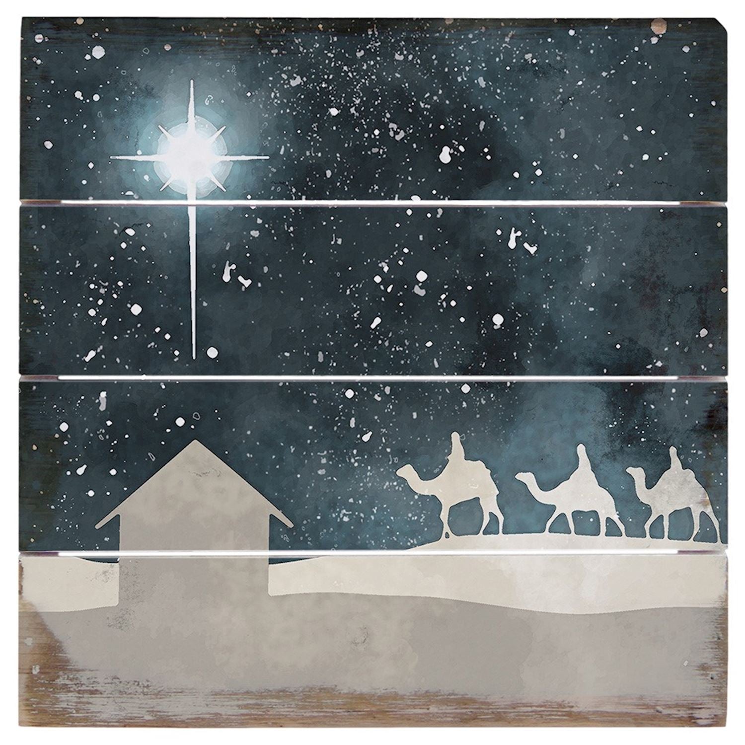Wooden wall art with a nativity scene and star of Bethlehem on a dark blue background.