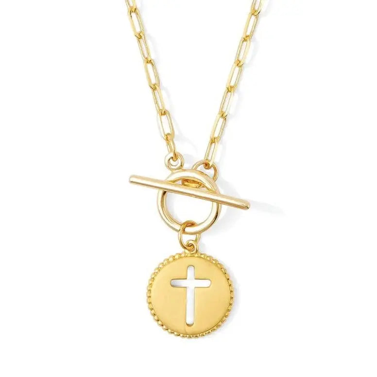 Gold Cross Paperclip Toggle Necklace